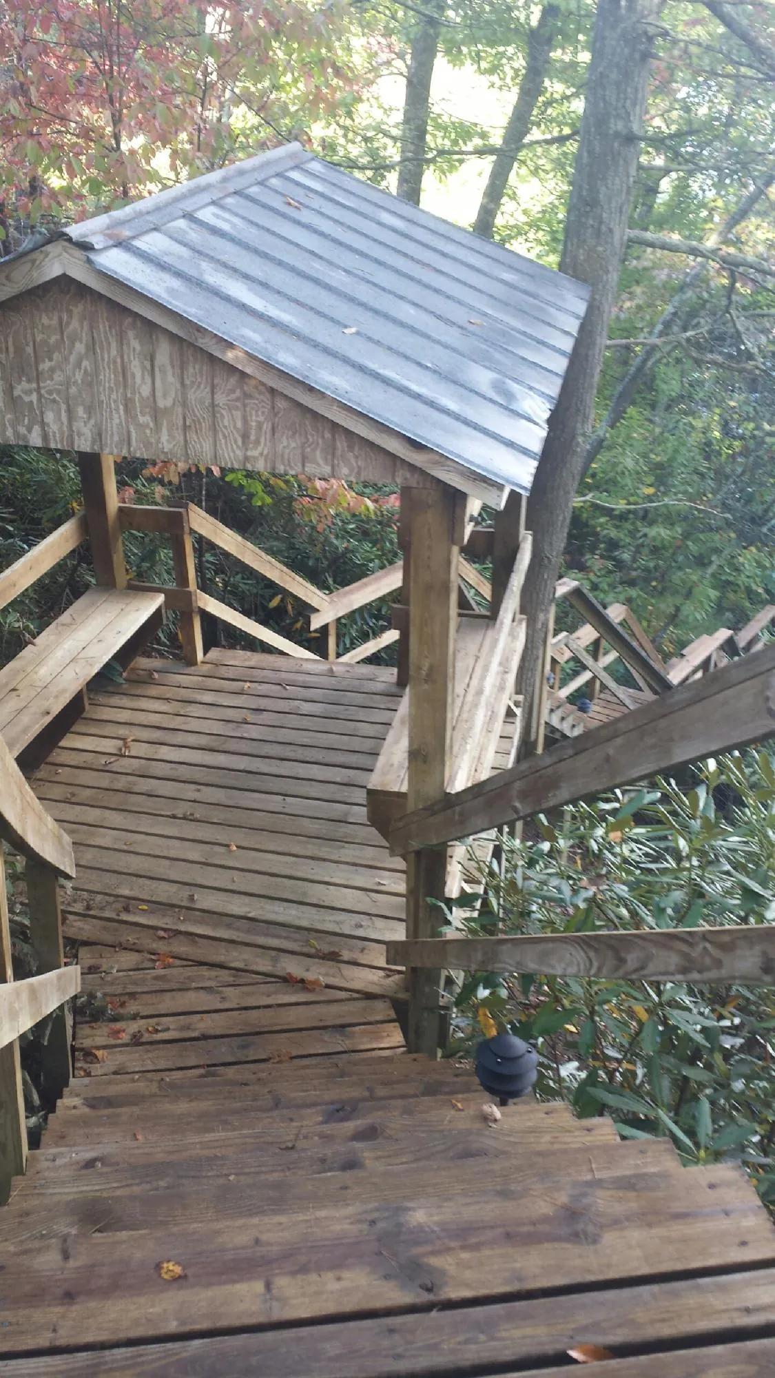 Metal roofed shelter over wooden steps on a wooded walkway — Skylight Repair & Installation work by our crew in Weems